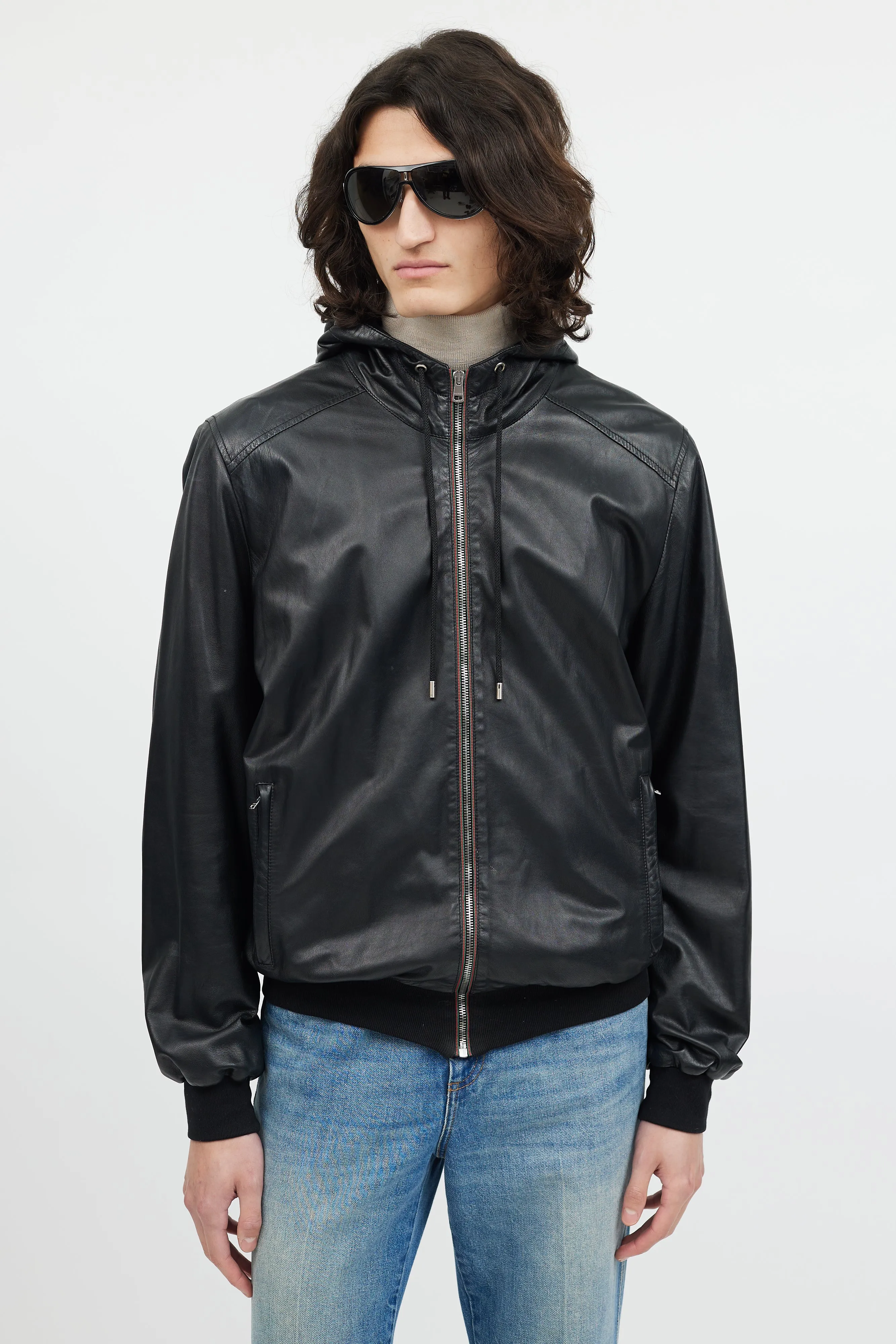 Black Leather Hooded Bomber Jacket