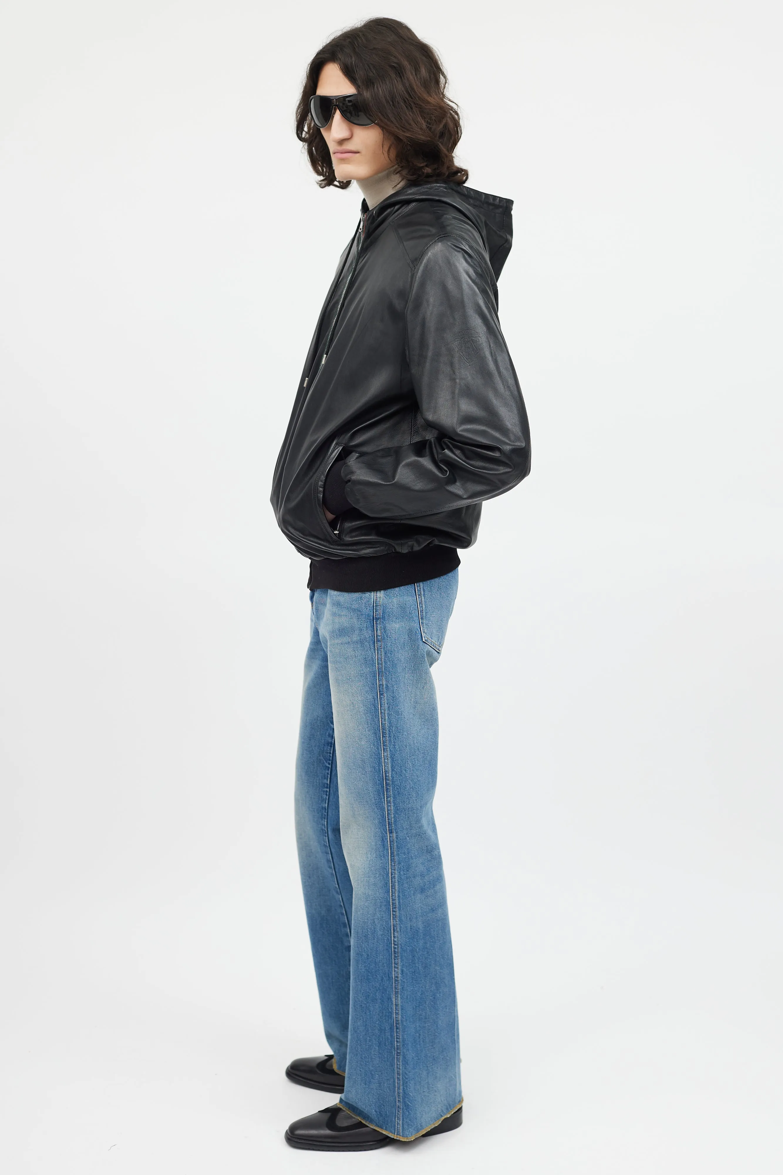 Black Leather Hooded Bomber Jacket
