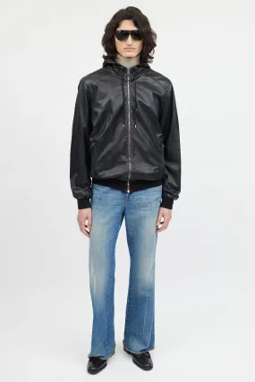 Black Leather Hooded Bomber Jacket
