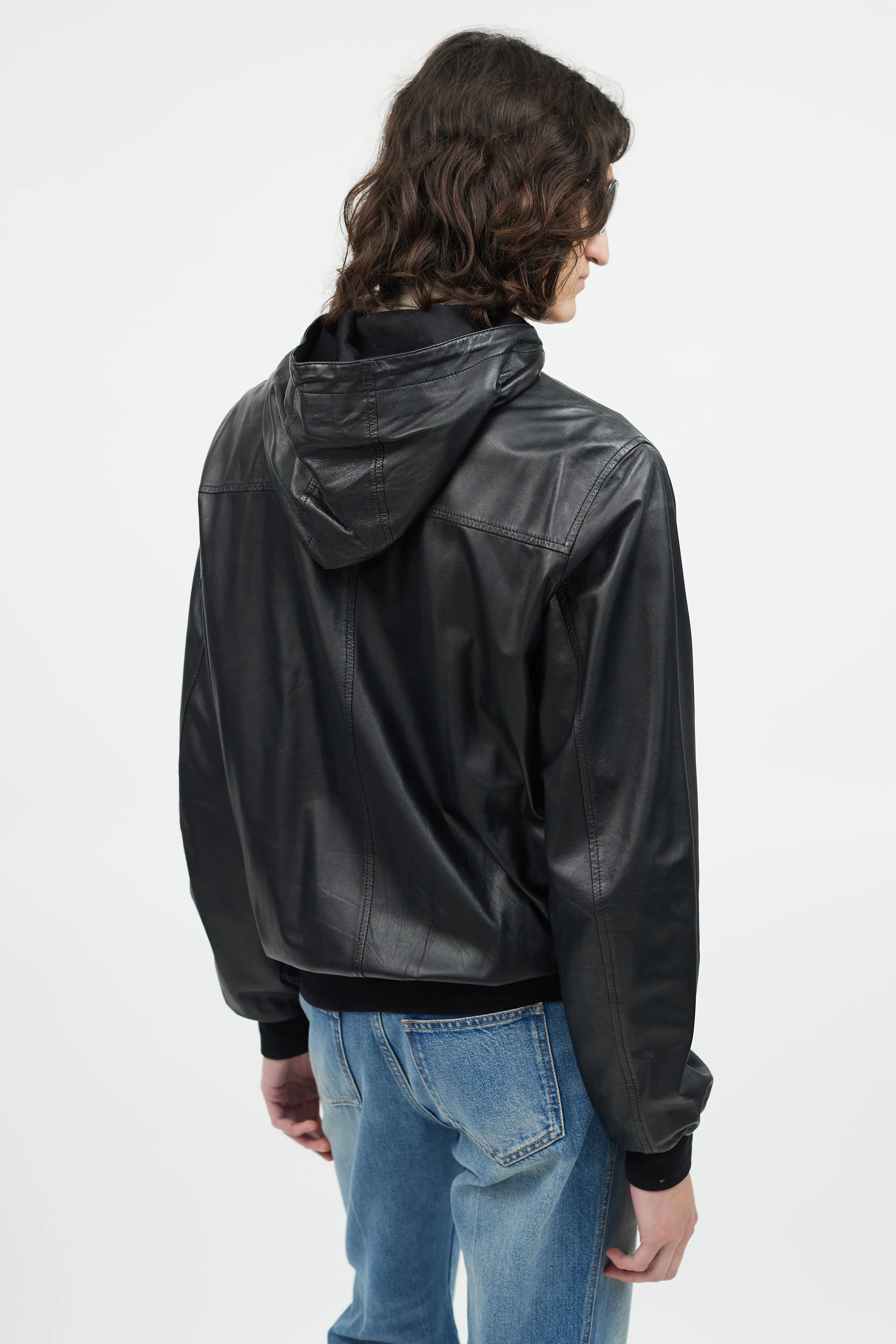 Black Leather Hooded Bomber Jacket