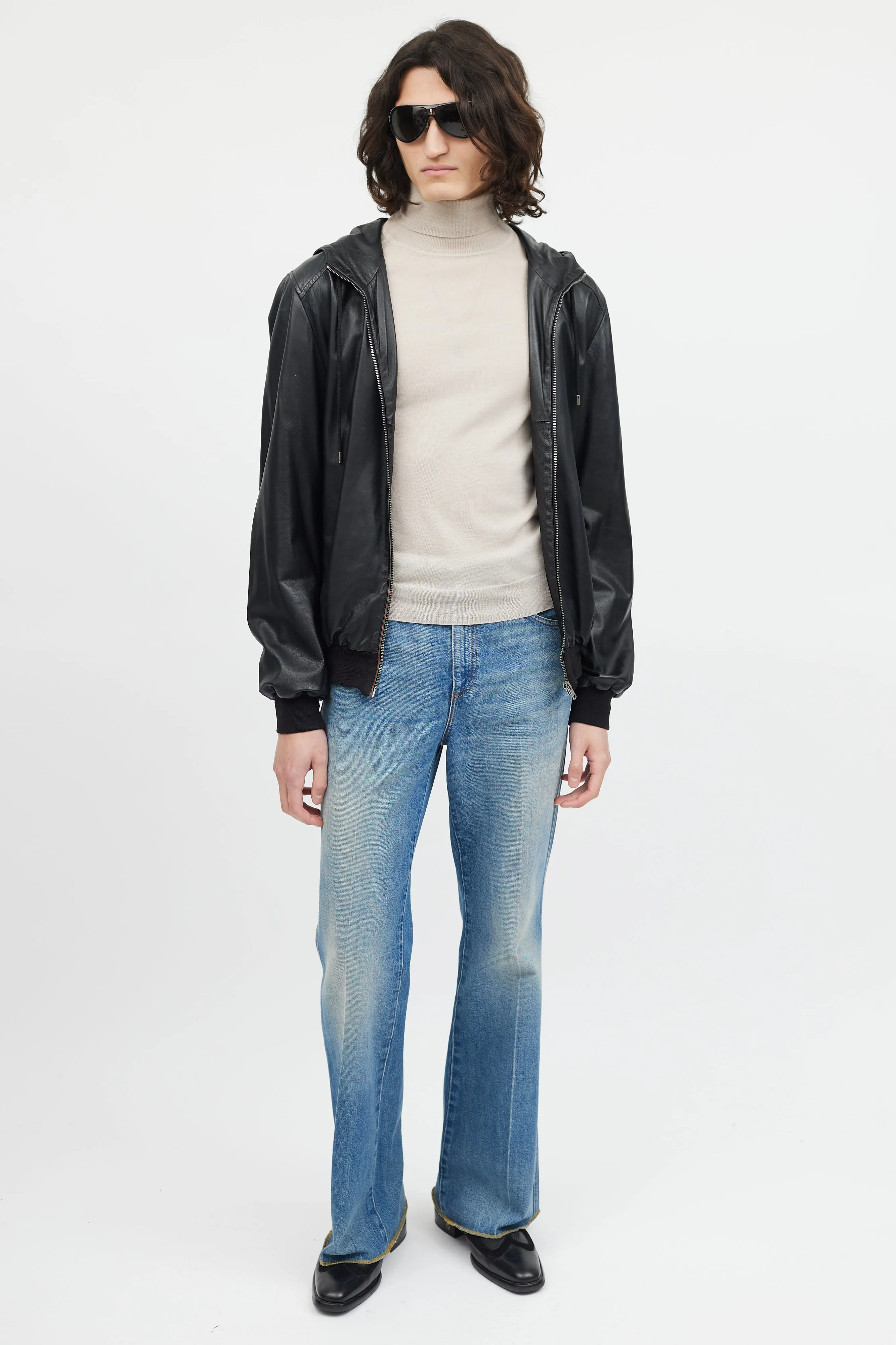 Black Leather Hooded Bomber Jacket