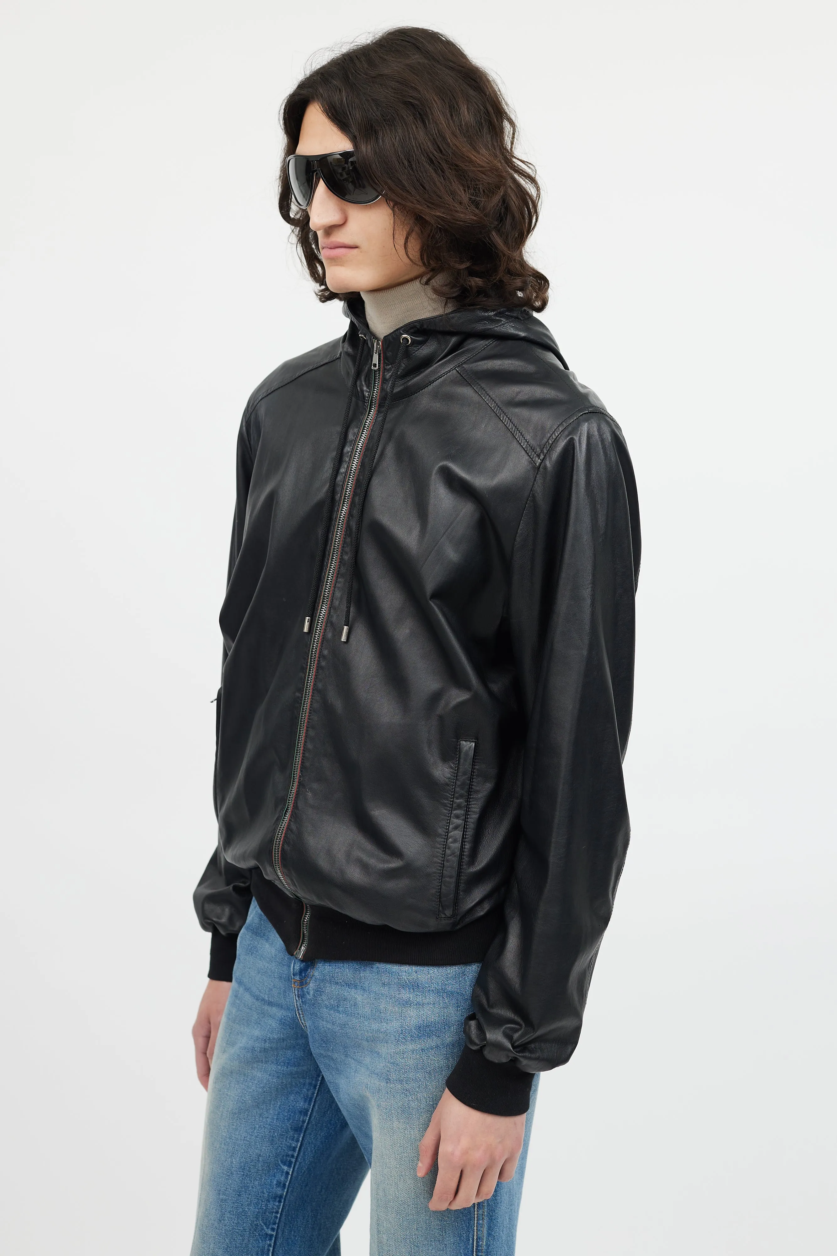 Black Leather Hooded Bomber Jacket