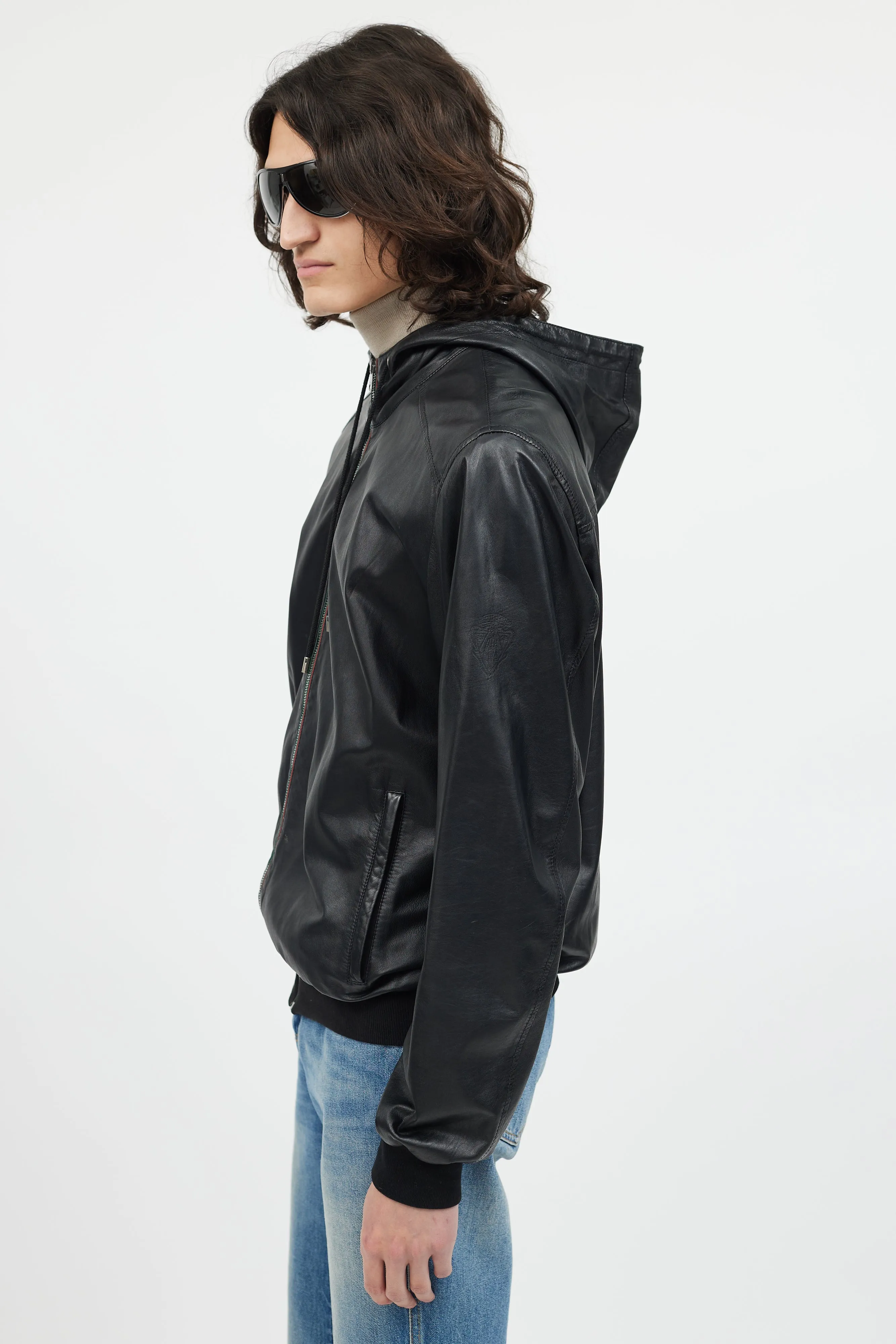 Black Leather Hooded Bomber Jacket