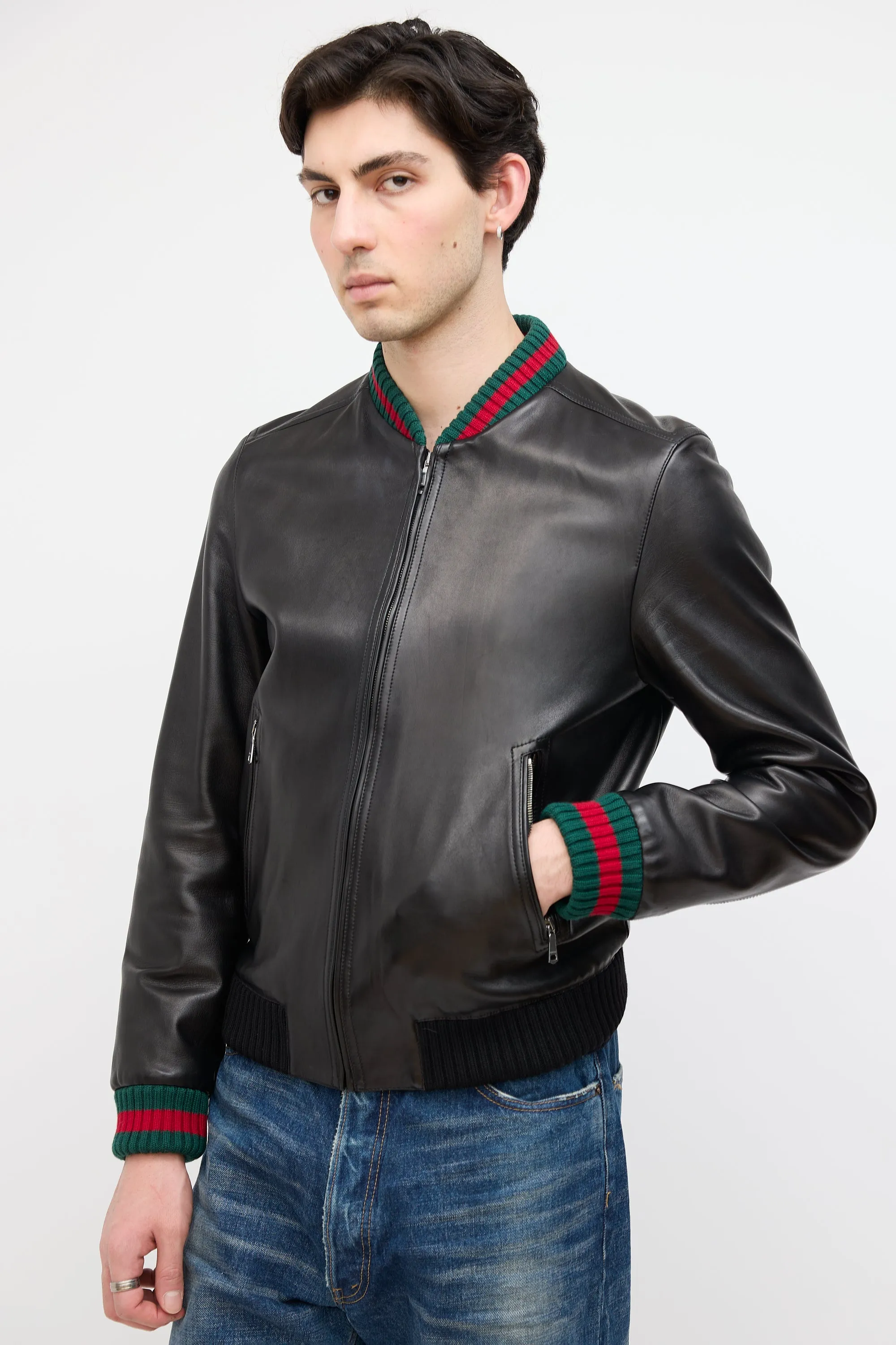 Black Leather Web Bomber Jacket