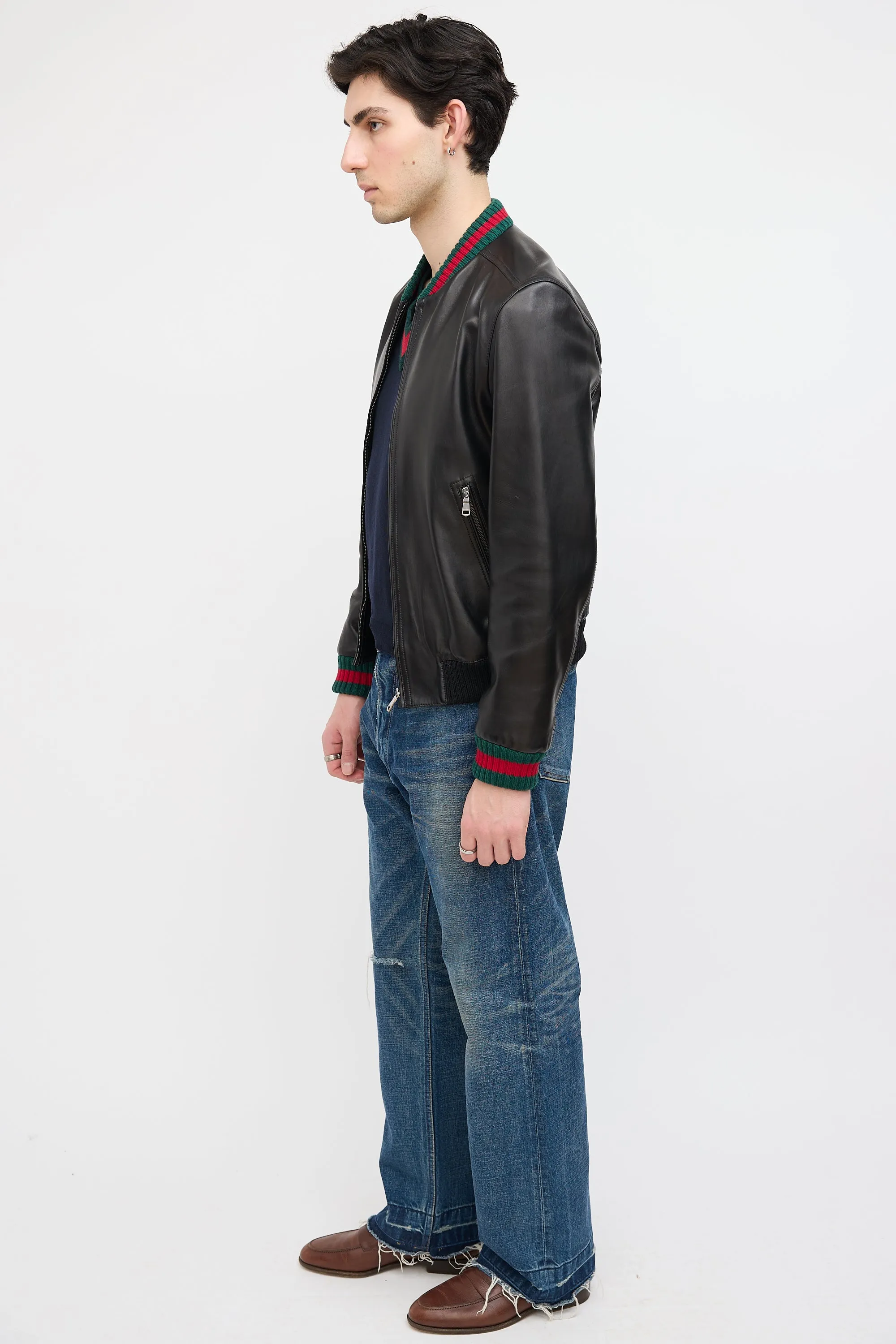 Black Leather Web Bomber Jacket