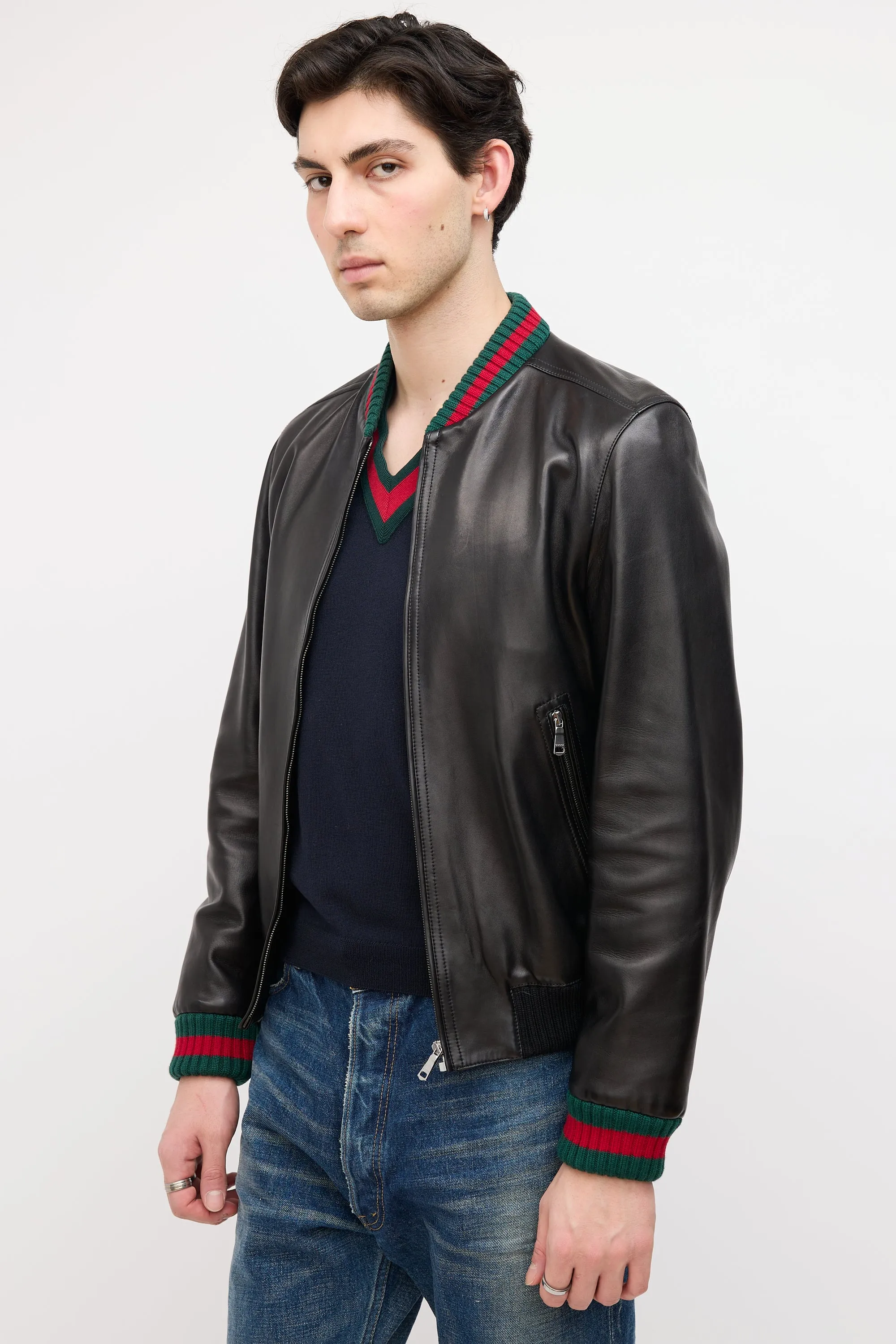 Black Leather Web Bomber Jacket
