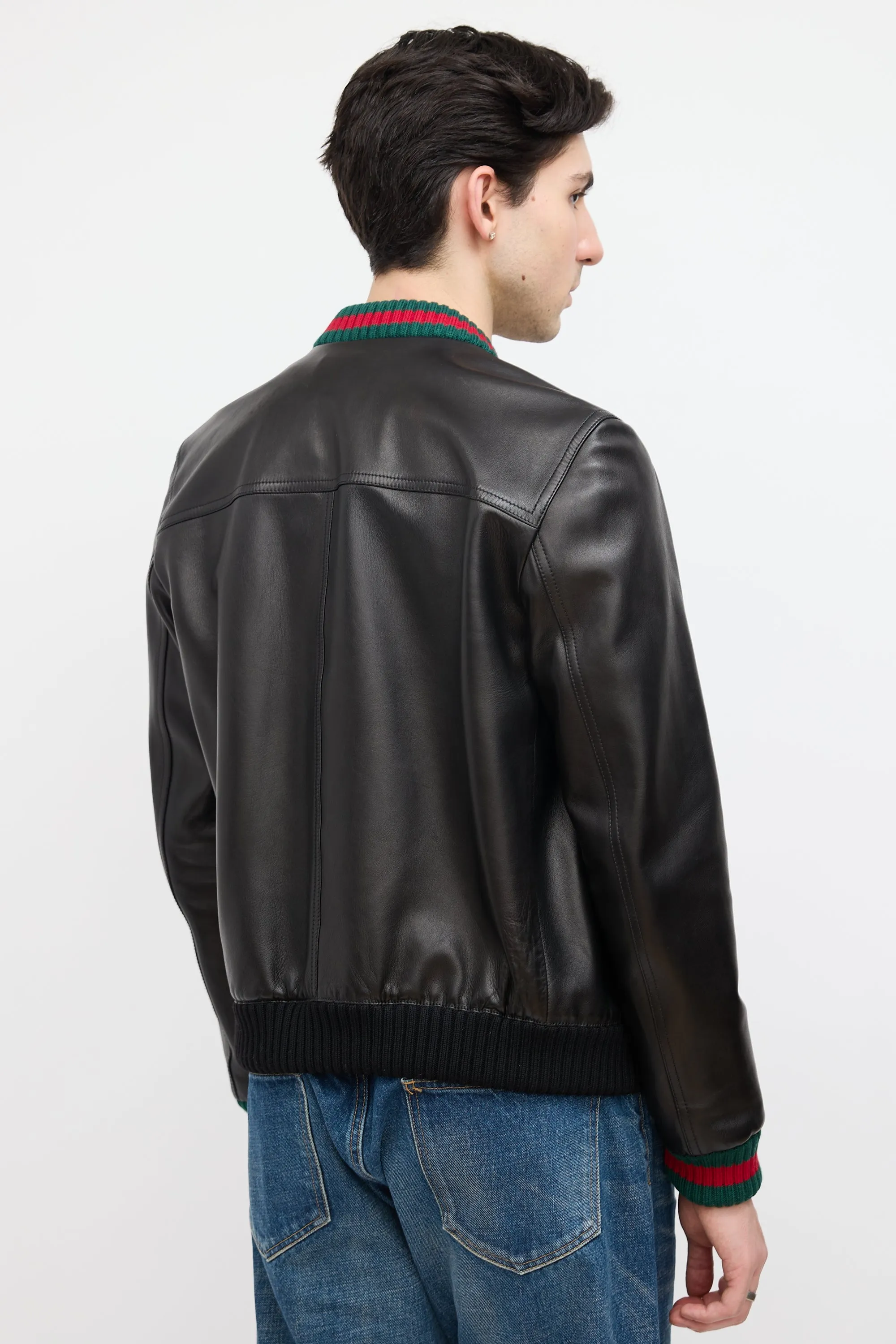 Black Leather Web Bomber Jacket