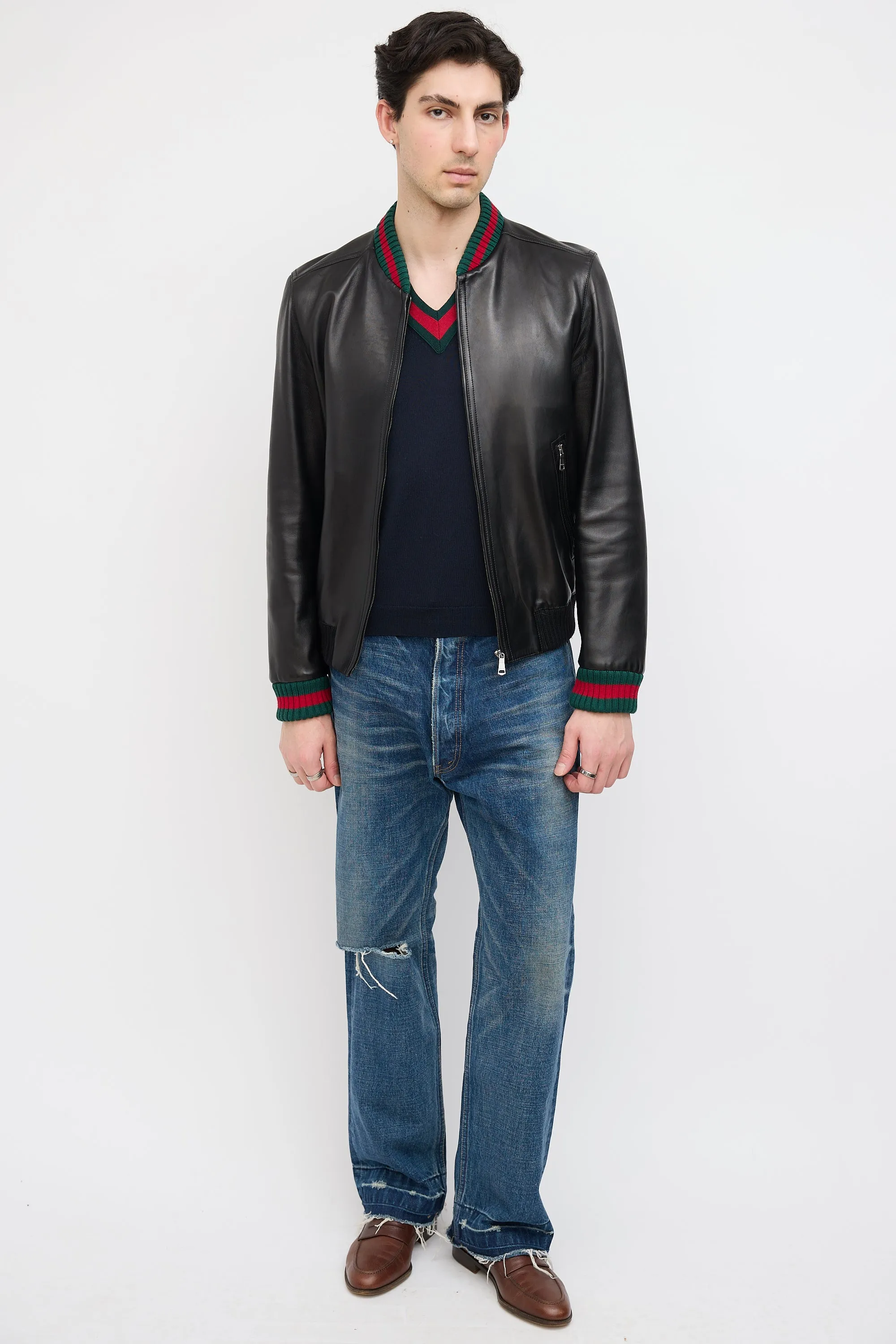 Black Leather Web Bomber Jacket