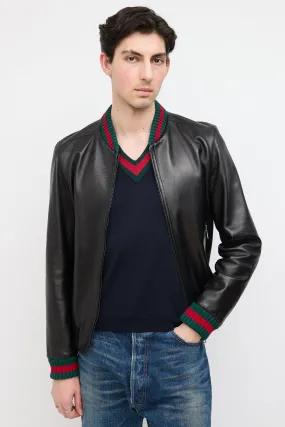Black Leather Web Bomber Jacket