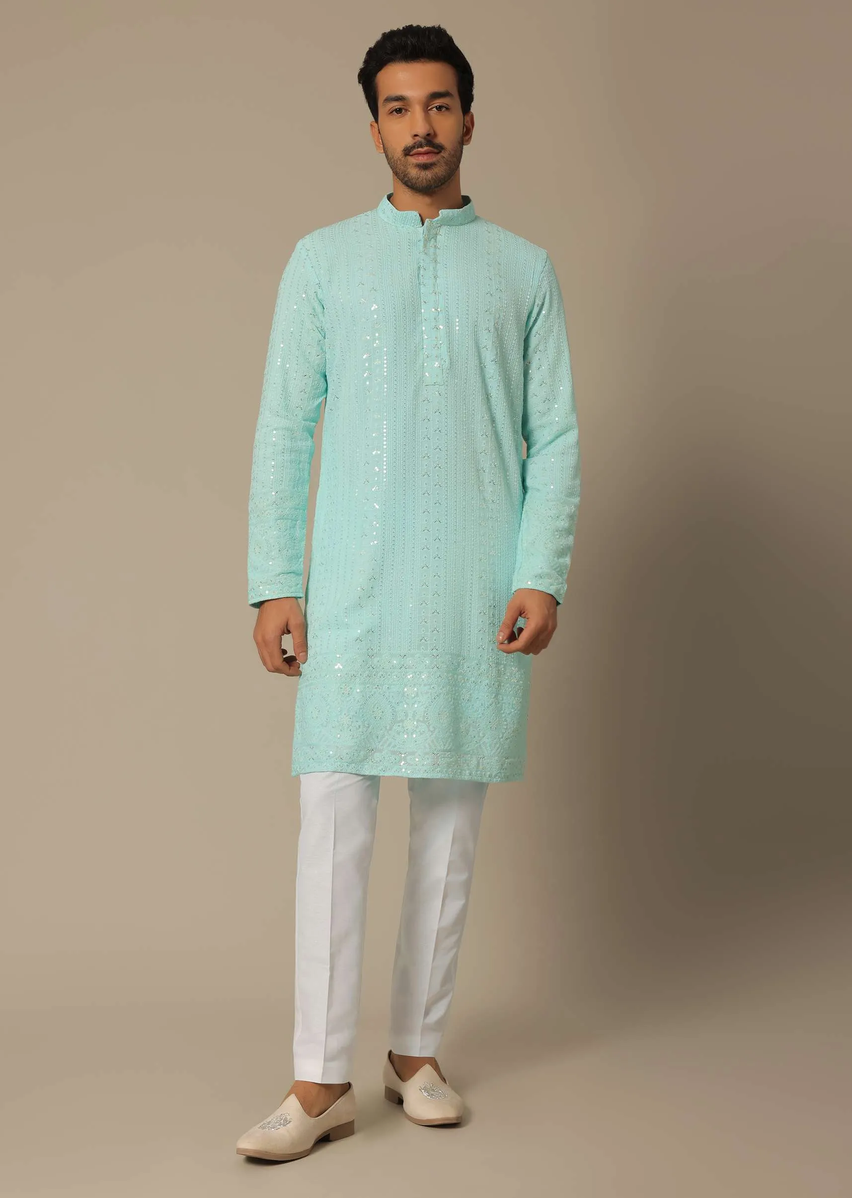 Blue Georgette Kurta Set With Sequin Embellishments