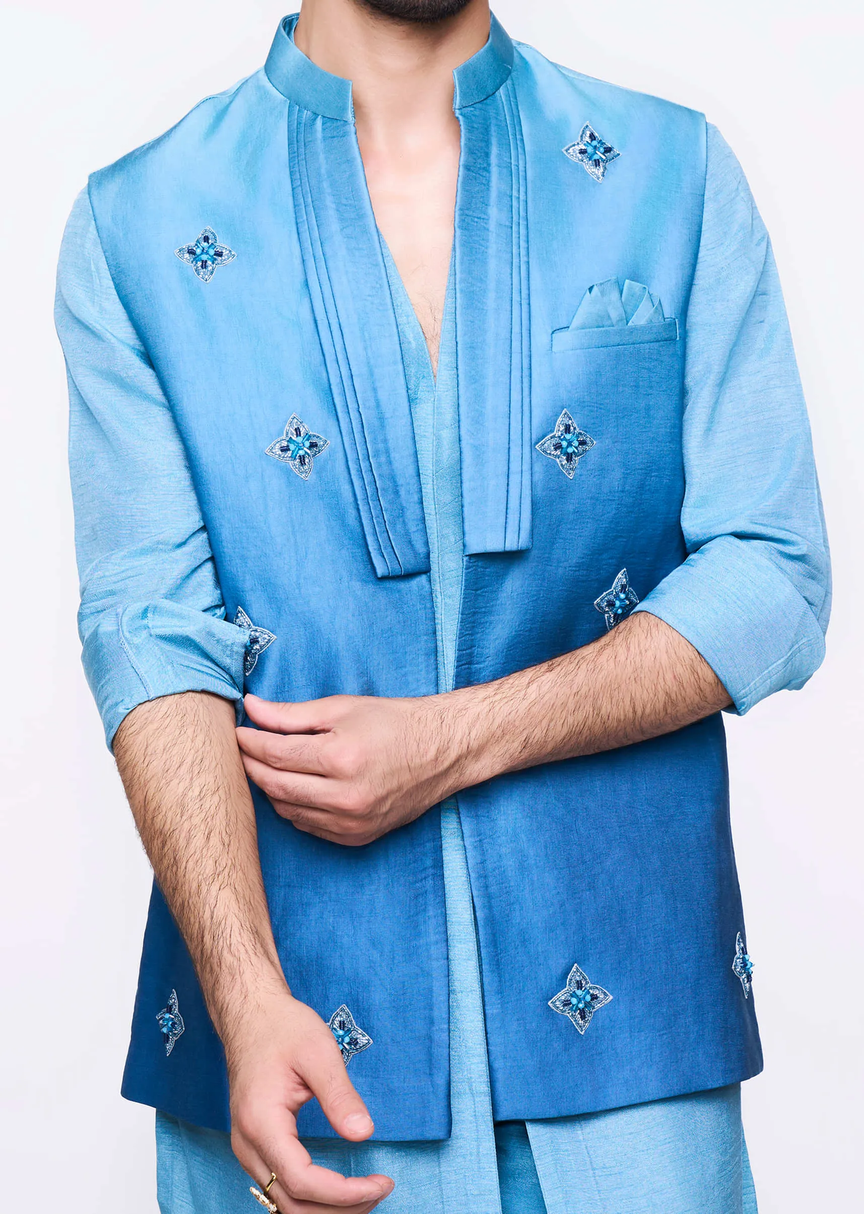 Blue Ombre Hand Embroidered Bandi And Kurta Set