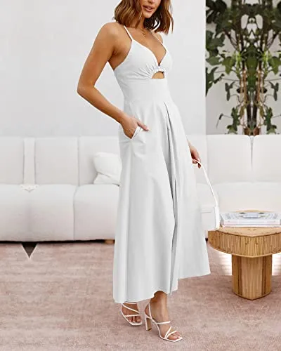 BTFBM Women 2023 Summer Spaghetti Strap Dress Sleeveless V Neck Cutout Slit Casual Beach Party Maxi Dresses with Pockets(Solid White, Large)