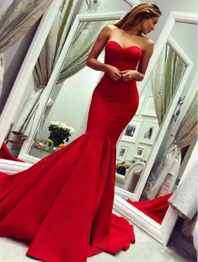 Chic Long Mermaid Sweetheart Satin Red Prom Dress