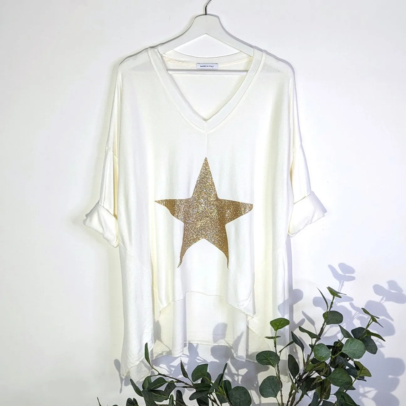 Cosy V-neck roomy top with golden star (L)
