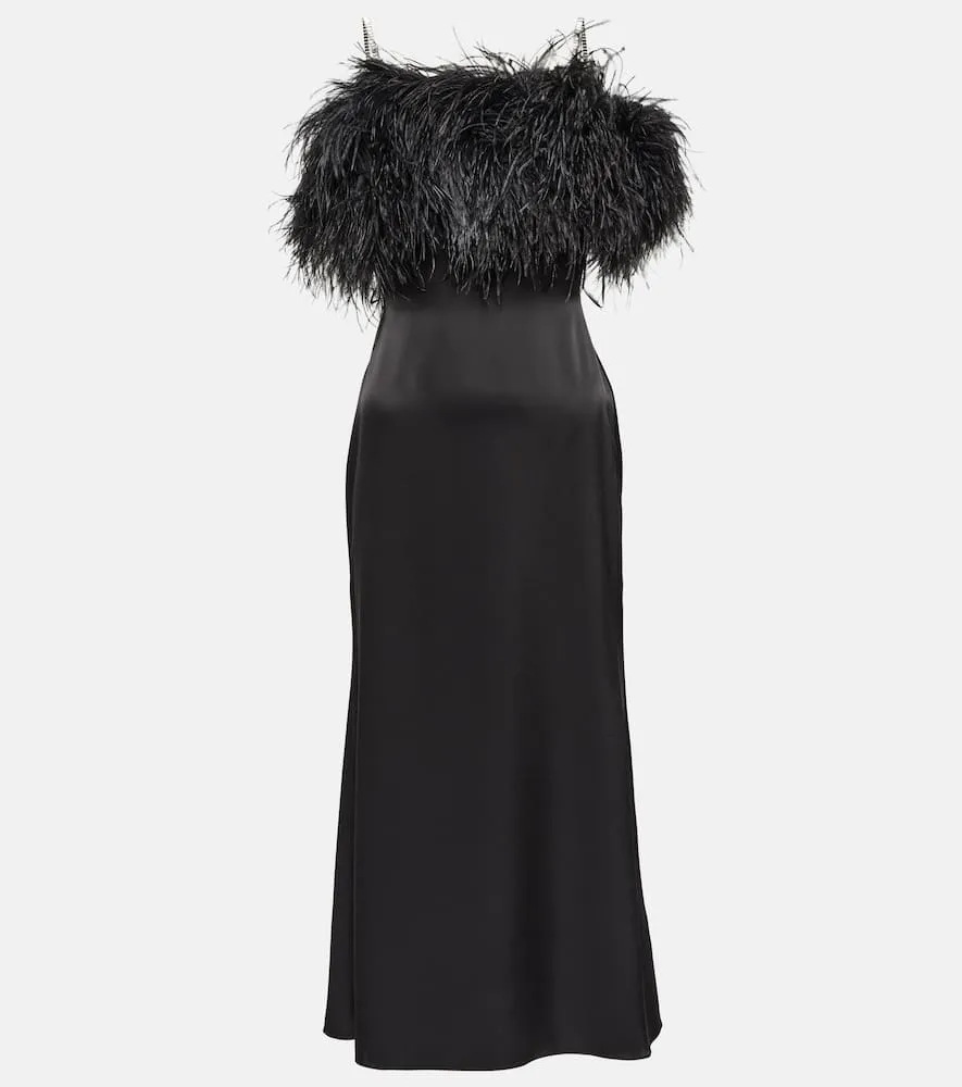 David Koma Feather-trimmed satin midi dress