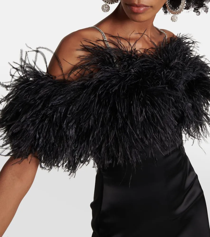 David Koma Feather-trimmed satin midi dress