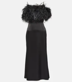 David Koma Feather-trimmed satin midi dress