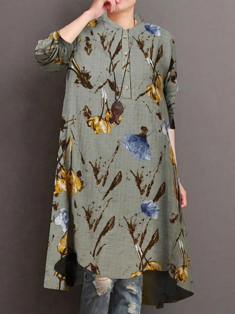 deanwangkt Women Floral Print Button Front High Low Hem Long Sleeve Midi Shirt Dress