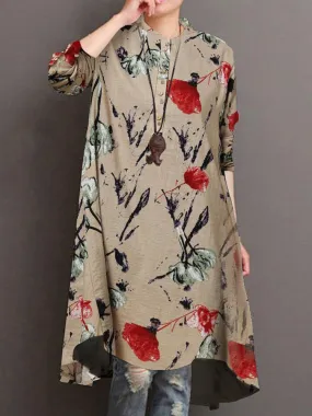 deanwangkt Women Floral Print Button Front High Low Hem Long Sleeve Midi Shirt Dress