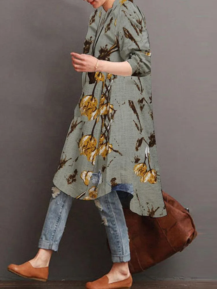 deanwangkt Women Floral Print Button Front High Low Hem Long Sleeve Midi Shirt Dress