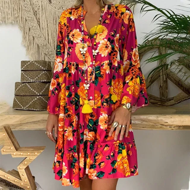 Floral Print Long Sleeve Loose Dress S-5XL