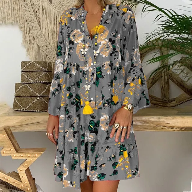 Floral Print Long Sleeve Loose Dress S-5XL