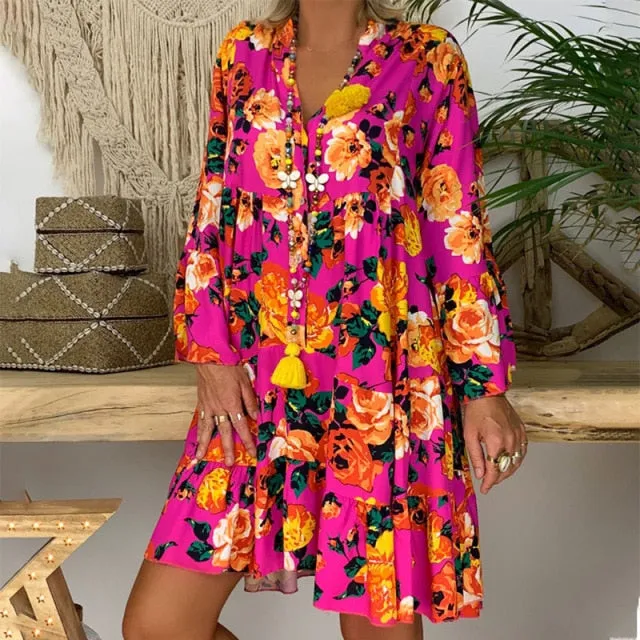 Floral Print Long Sleeve Loose Dress S-5XL