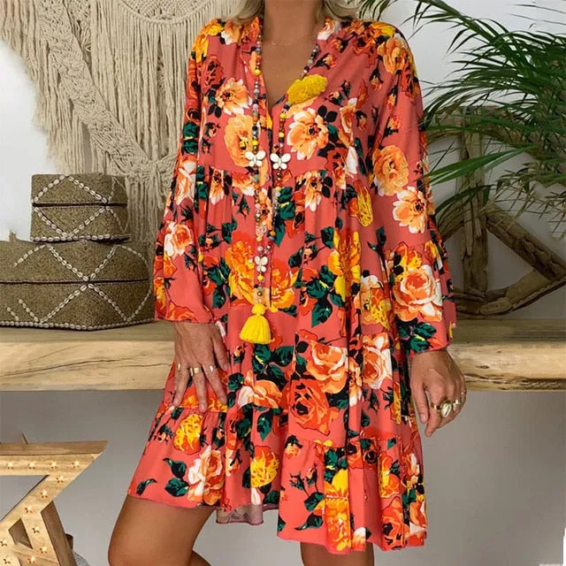 Floral Print Long Sleeve Loose Dress S-5XL