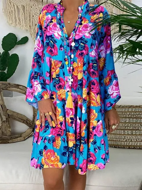 Floral Print Long Sleeve Loose Dress S-5XL