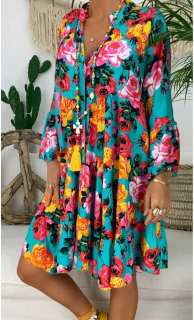 Floral Print Long Sleeve Loose Dress S-5XL