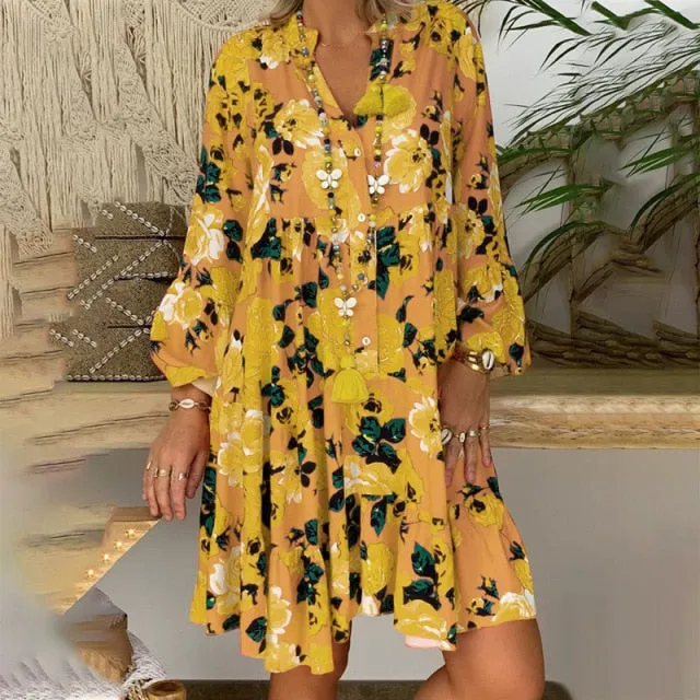 Floral Print Long Sleeve Loose Dress S-5XL