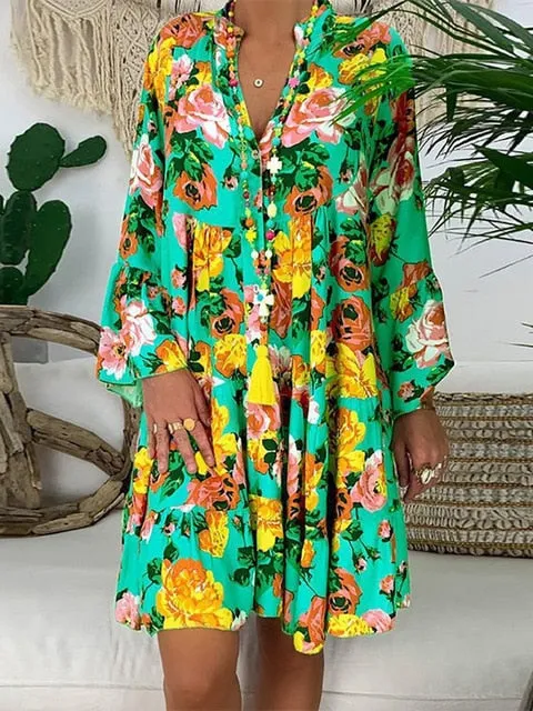 Floral Print Long Sleeve Loose Dress S-5XL