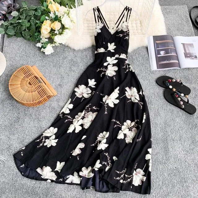 FTLZZ 2020 Women Floral Print Dress Summer Sexy V-neck Backless Long Dresses Female Elegant Bohemian Party Dress Vestido