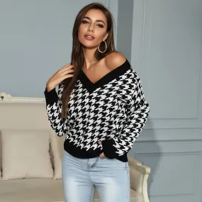 Joskaa Wsevypo Women Houndstooth Sweaters Autumn Winter Classic Long Sleeve V-Neck Knitted Pullover Tops Casual Lady Loose Jumpers
