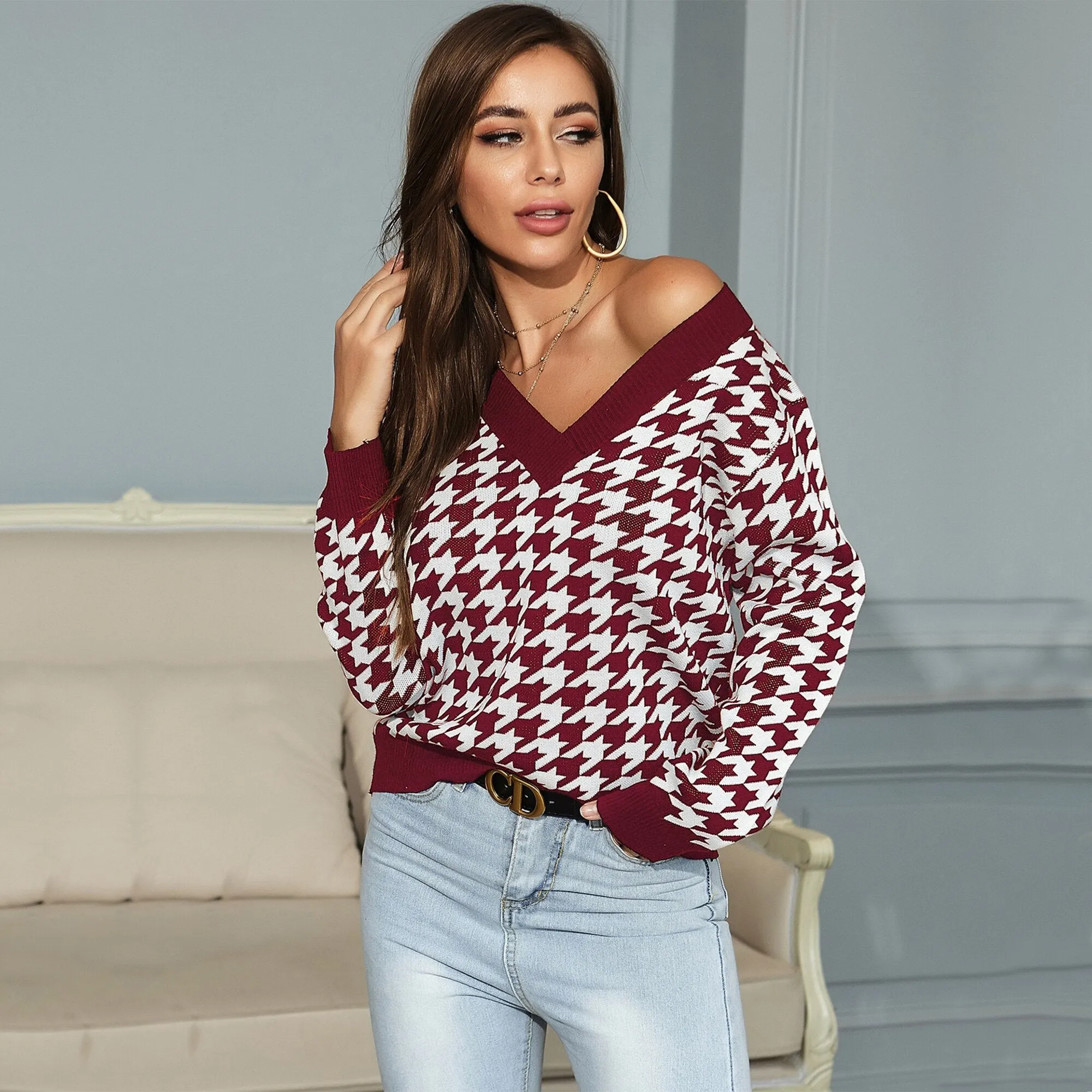Joskaa Wsevypo Women Houndstooth Sweaters Autumn Winter Classic Long Sleeve V-Neck Knitted Pullover Tops Casual Lady Loose Jumpers