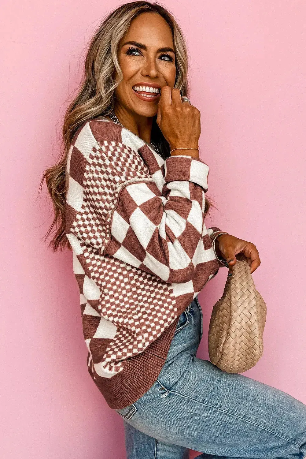 Khaki Checkered Print Drop Shoulder Round Neck Sweater: Khaki / 50%Viscose 28%Polyester 22%Polyamide / L