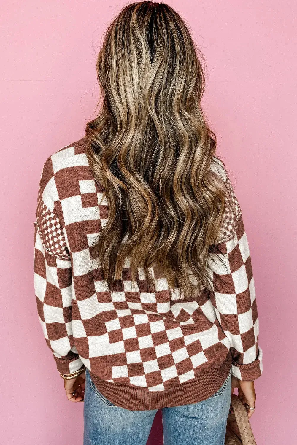 Khaki Checkered Print Drop Shoulder Round Neck Sweater: Khaki / 50%Viscose 28%Polyester 22%Polyamide / L