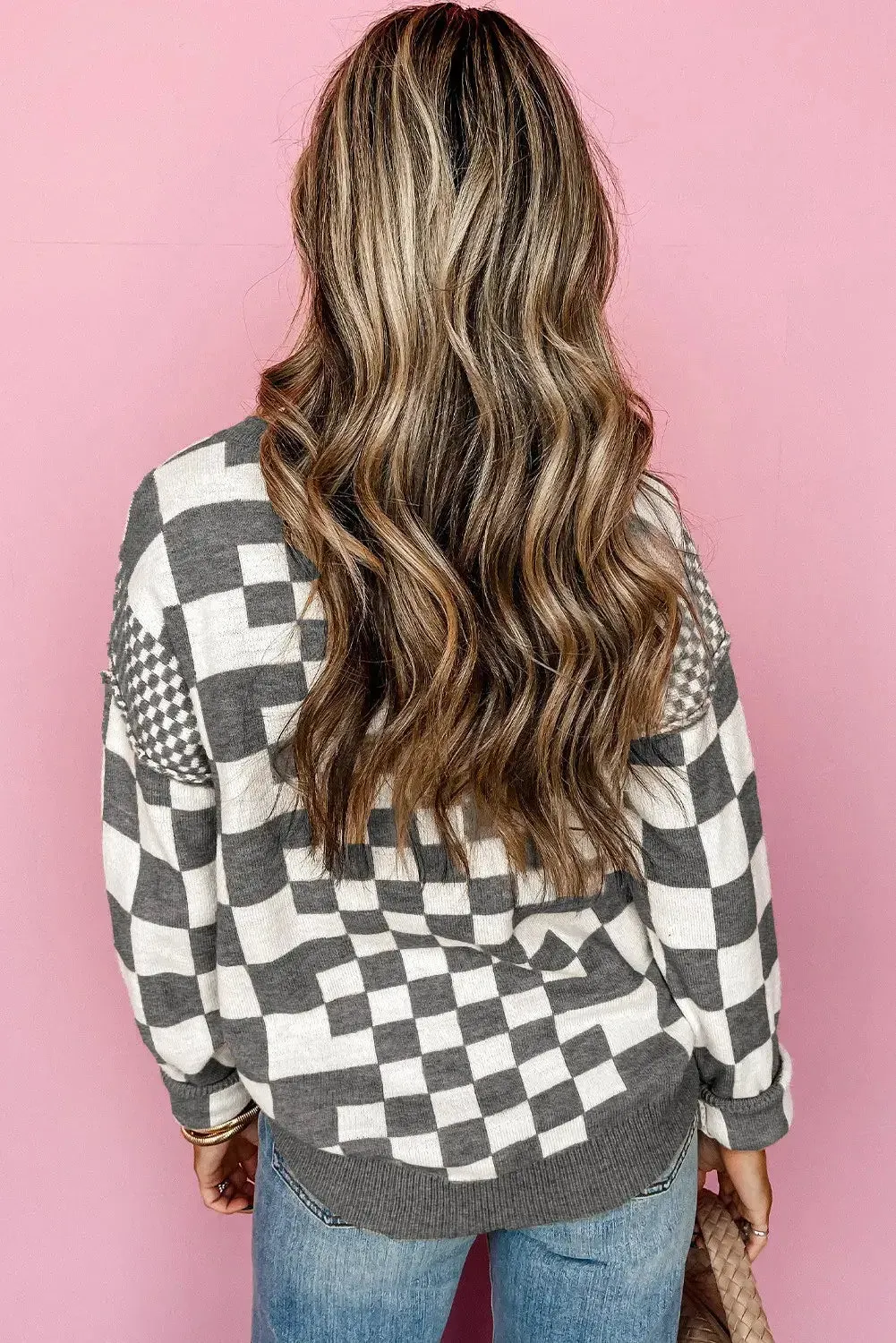 Khaki Checkered Print Drop Shoulder Round Neck Sweater: Khaki / 50%Viscose 28%Polyester 22%Polyamide / L