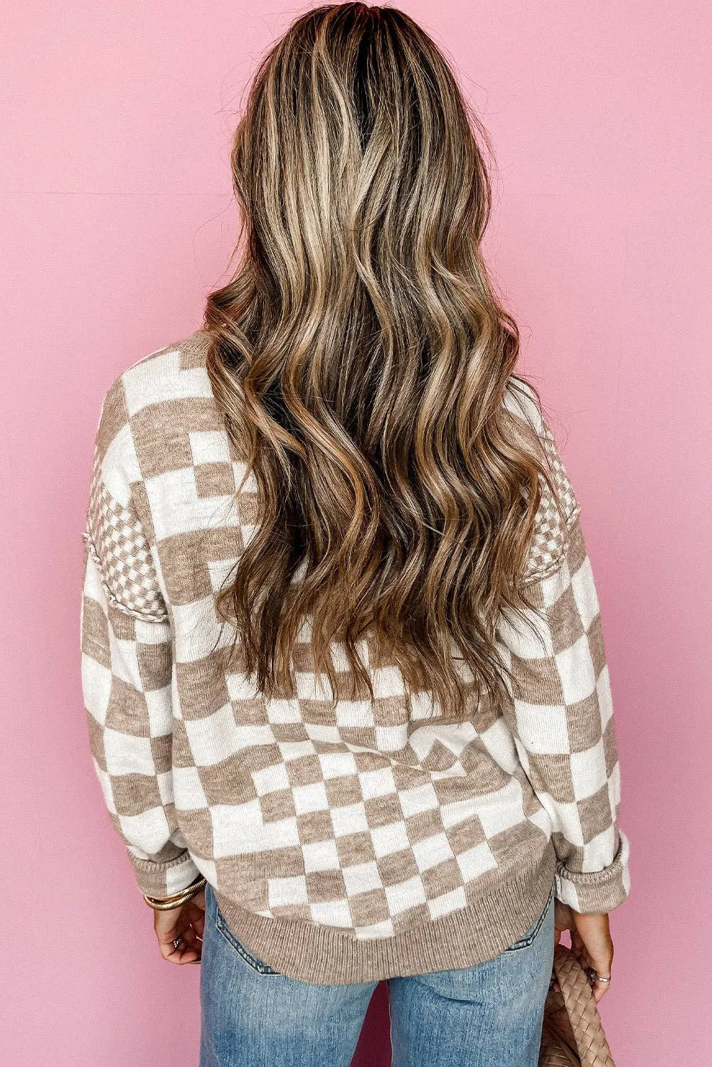 Khaki Checkered Print Drop Shoulder Round Neck Sweater: Khaki / 50%Viscose 28%Polyester 22%Polyamide / L