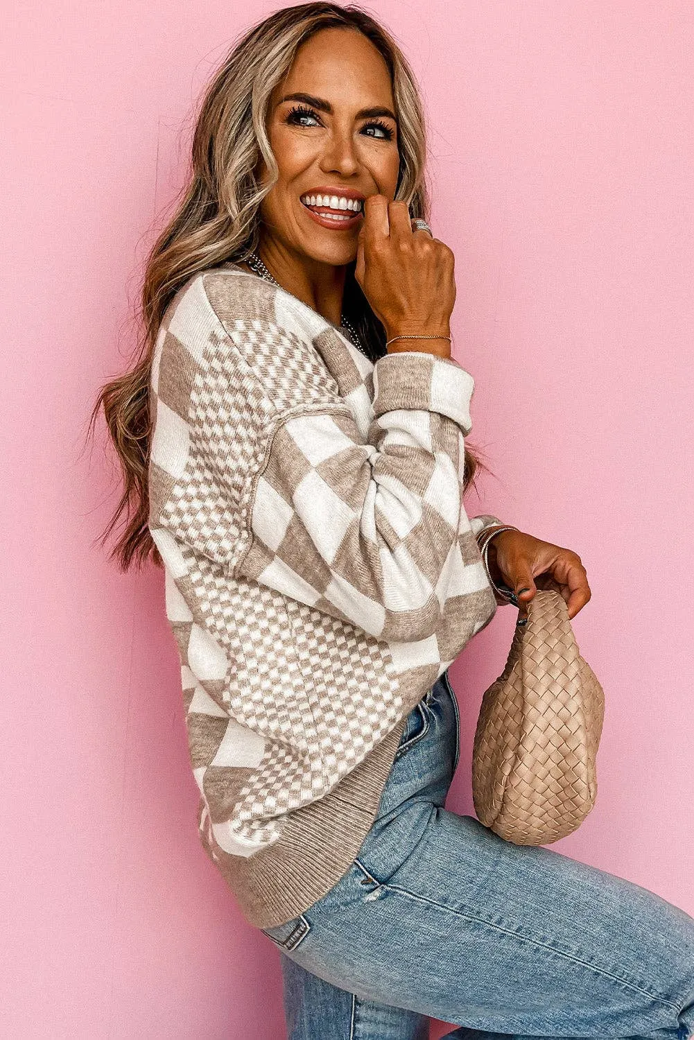 Khaki Checkered Print Drop Shoulder Round Neck Sweater: Khaki / 50%Viscose 28%Polyester 22%Polyamide / M
