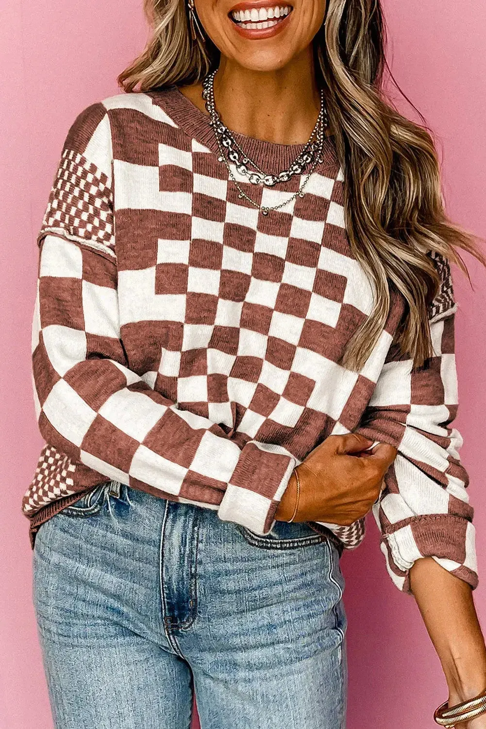 Khaki Checkered Print Drop Shoulder Round Neck Sweater: Khaki / 50%Viscose 28%Polyester 22%Polyamide / M