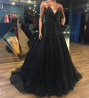 Latest Design V Neck Sparkly Long Black Prom/Evening Dress,Shiny Sequin Lace Prom Evening Gowns
