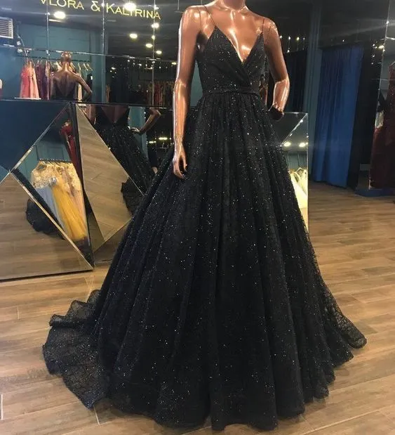 Latest Design V Neck Sparkly Long Black Prom/Evening Dress,Shiny Sequin Lace Prom Evening Gowns