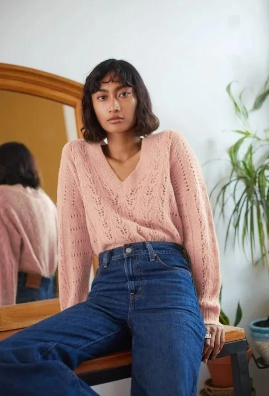 Nation Mika Pointelle Slouchy V Sweater - Cheeky Pink