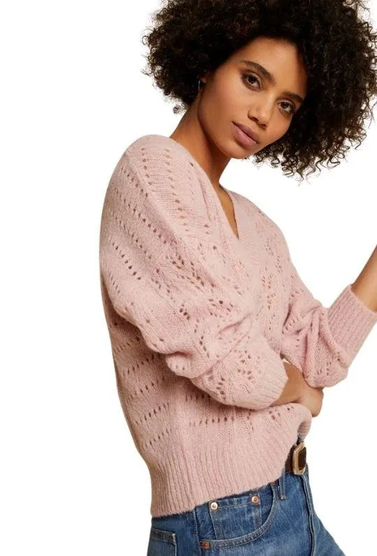 Nation Mika Pointelle Slouchy V Sweater - Cheeky Pink