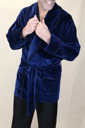 Navy Velvet Robe with Black Trim Details