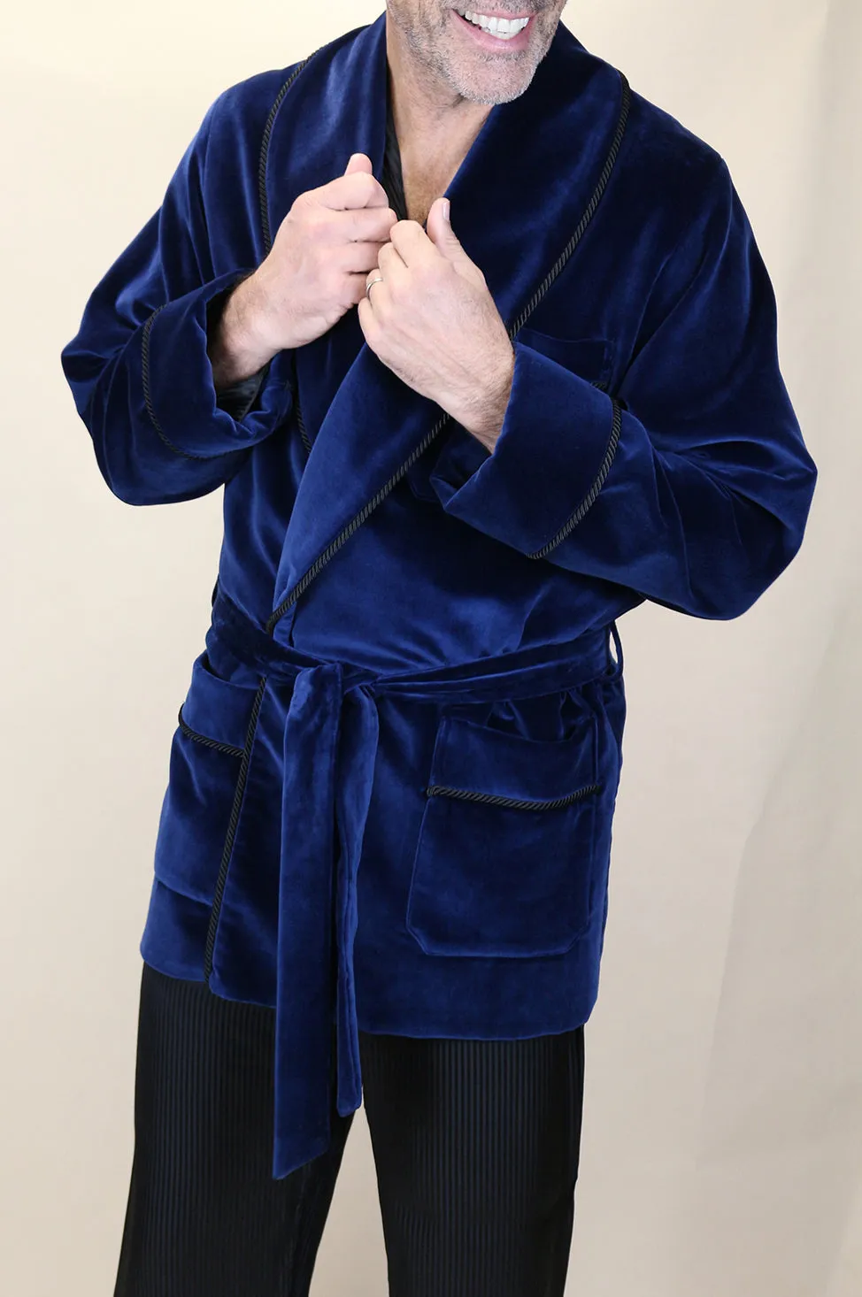 Navy Velvet Robe with Black Trim Details
