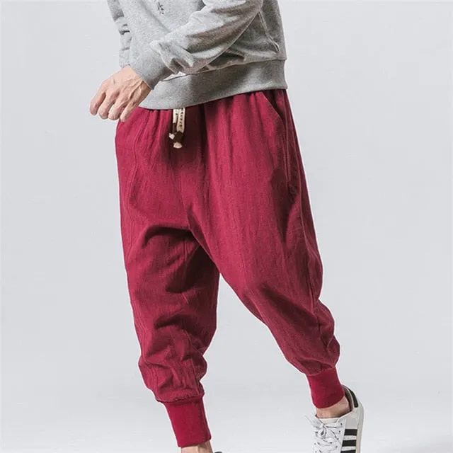 New Men‘s Summer Linen Harem Solid Pants Jogger Casual Loose Male Long Small Foot Pants Fashion Style Trousers