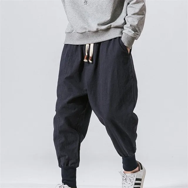 New Men‘s Summer Linen Harem Solid Pants Jogger Casual Loose Male Long Small Foot Pants Fashion Style Trousers