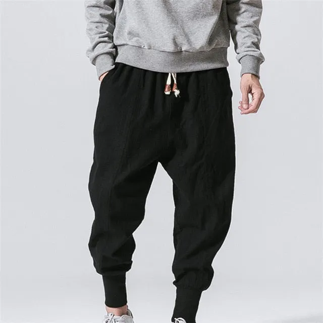 New Men‘s Summer Linen Harem Solid Pants Jogger Casual Loose Male Long Small Foot Pants Fashion Style Trousers